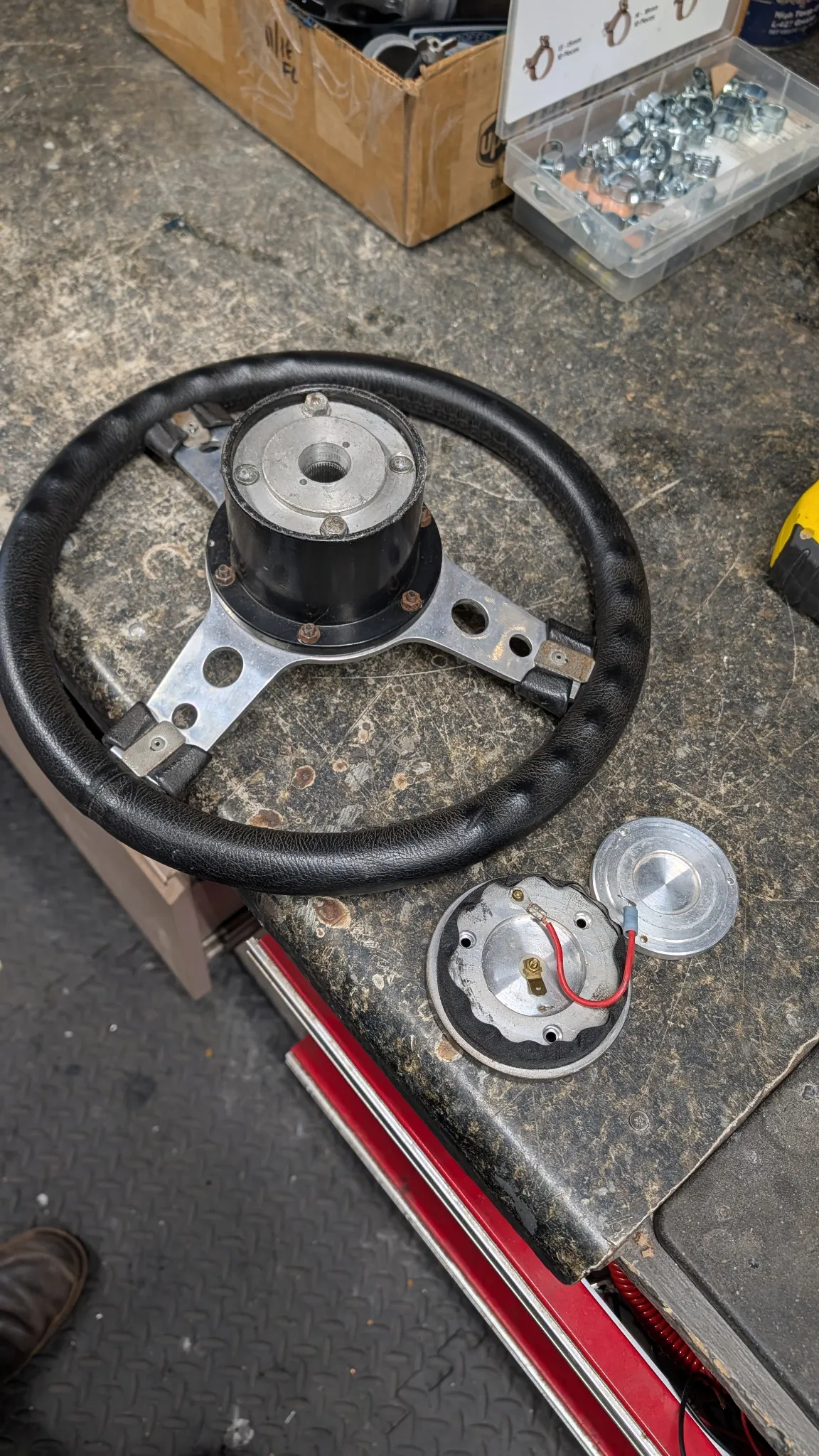 Mountney 13 inch steering wheel.   Black vinyl.  With Hub thumbnail 3